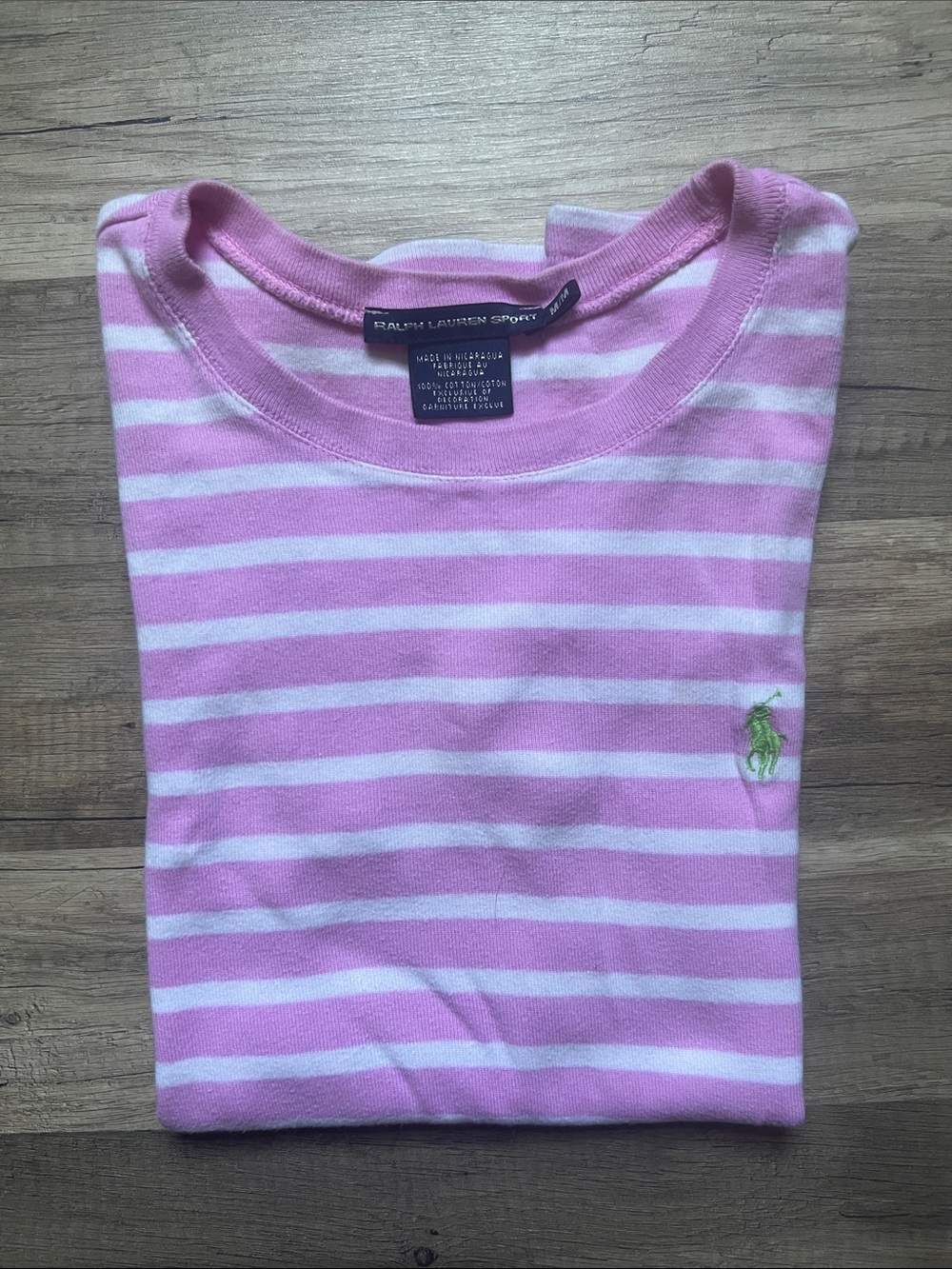 Ralph Lauren Pink & White Striped Cotton Crew Tee with Green Polo Pony